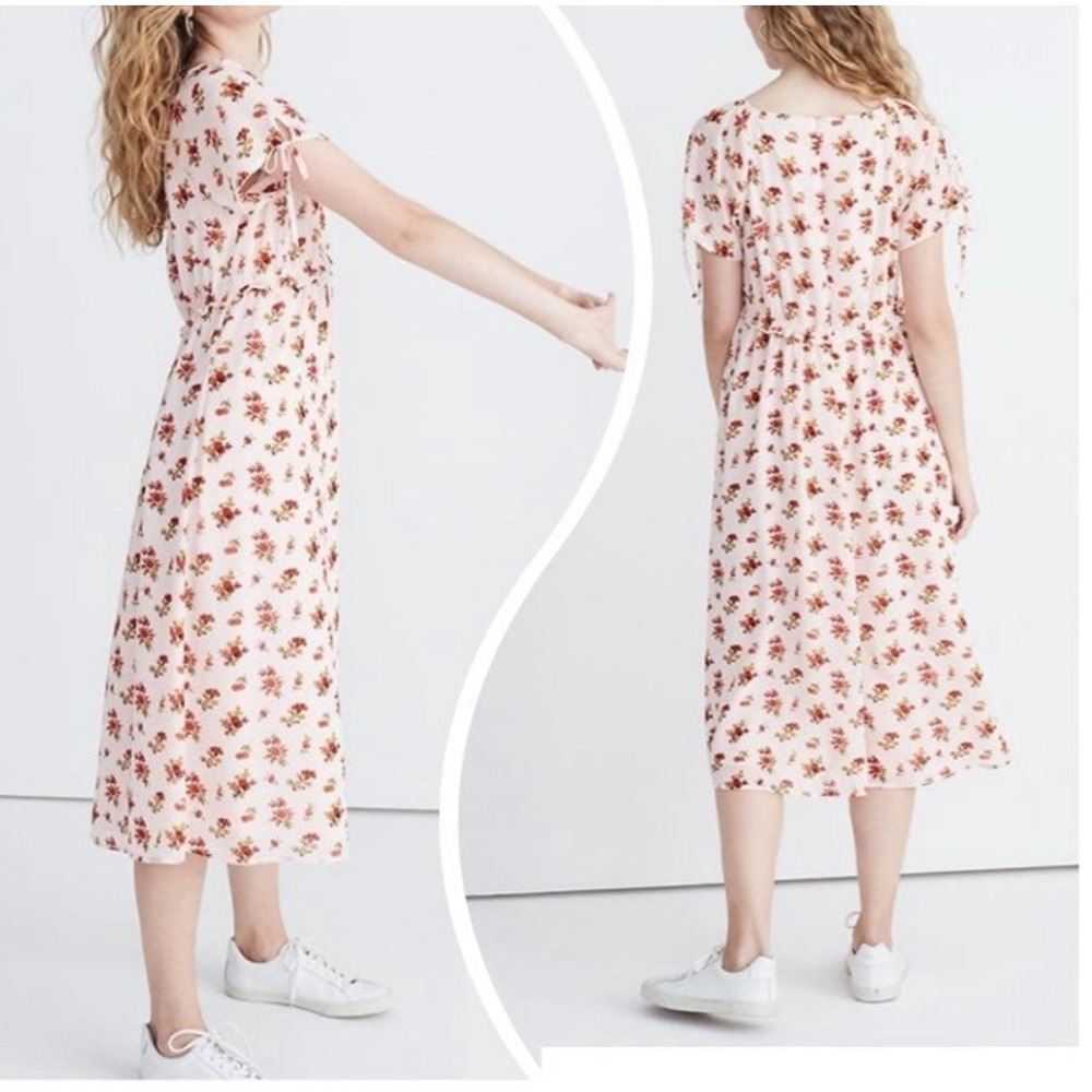 Madewell Sz-4 Midi Dress Tie Sleeve Ruffle Waist Countryside‎ Blooms Pink Floral
